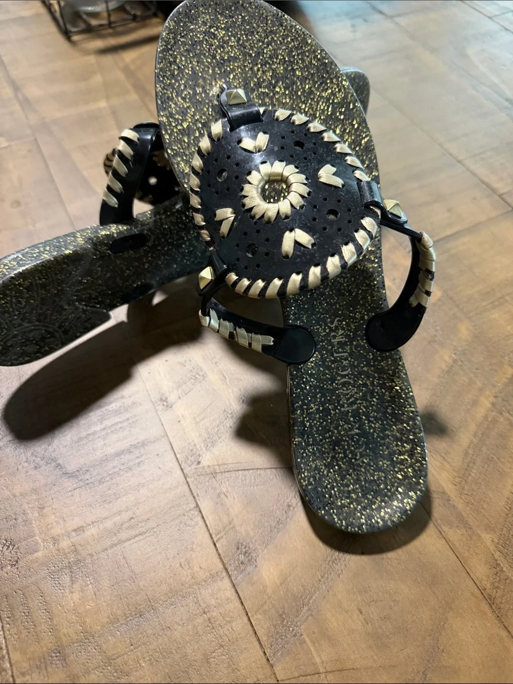 Jack Rogers Black Sandals with Gold Speckled Footbed